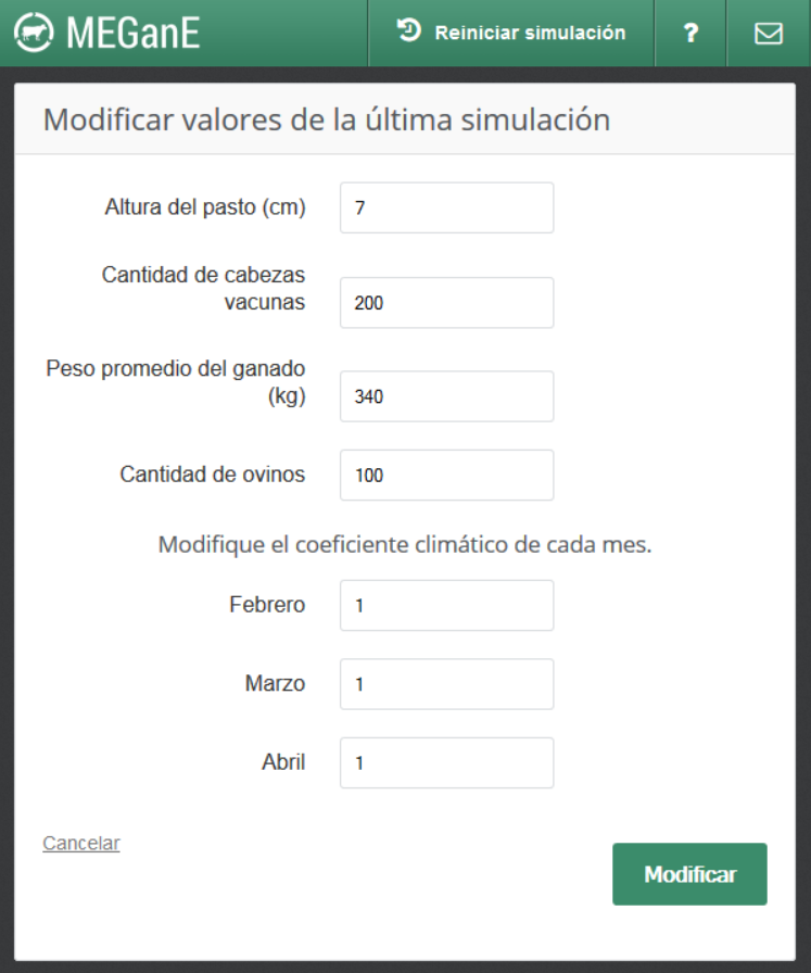 Modificar valores de la última simulación